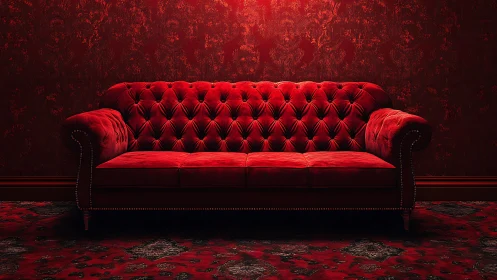 Red velvet Chesterfield sofa glows in dramatic ambience.