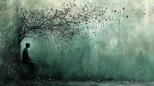 Solitary figure beneath dissolving tree of butterflies.