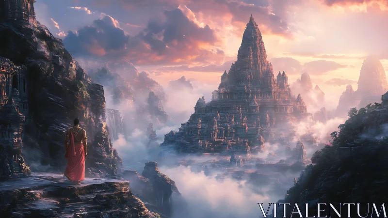Monk overlooks vast misty stone temple city at sunrise