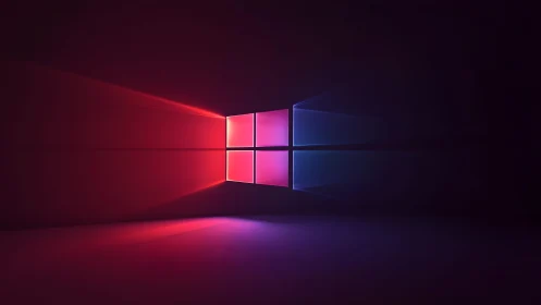 Windows logo with neon red and blue lighting in dark digital style.