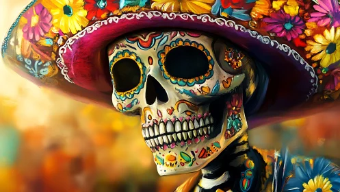 Sugar skull figure wears flowered sombrero in vivid colors