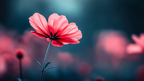 Pink Cosmos Flower Against Blurred Teal Background
