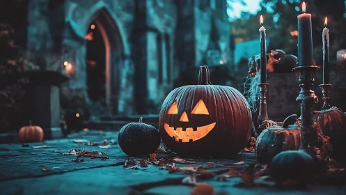 Glowing jack-o’-lantern illuminates gothic church courtyard at dusk