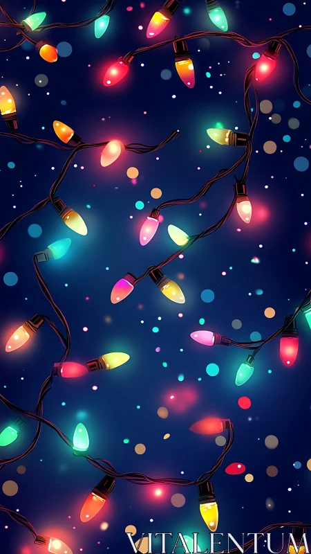 Colorful string lights glow against deep blue bokeh background