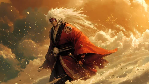 Storm-walking warrior wrapped in blazing sunset clouds.
