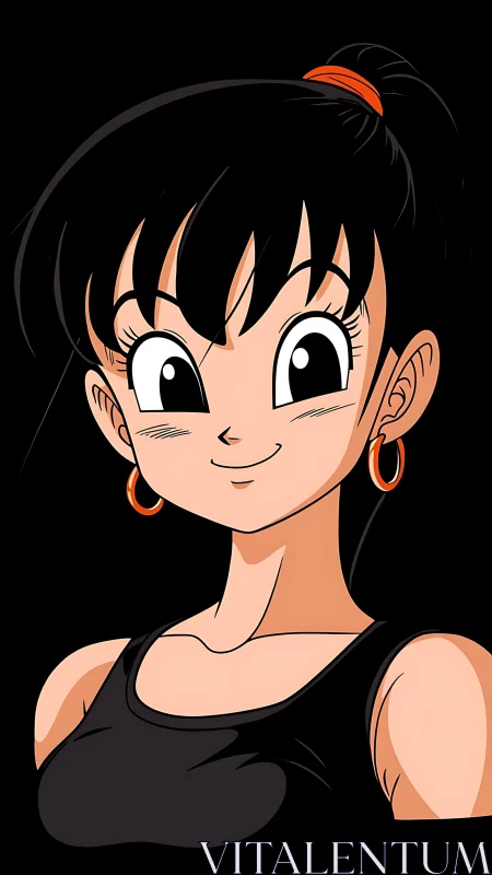 Bright-eyed anime heroine with hoop earrings and bold grin.