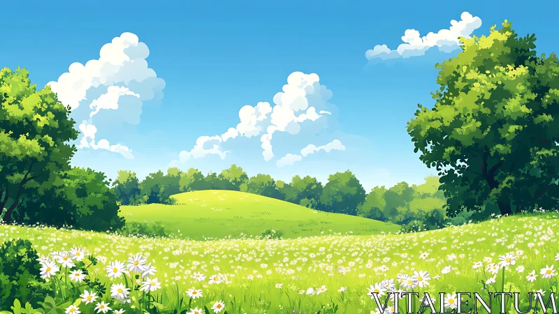 Sunlit wildflower meadow rolling beneath bright blue skies.