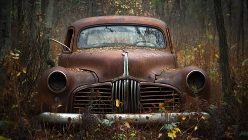 Rusting classic car sits abandoned in dense autumn forest