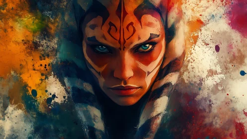 Chromatic warrior portrait with symmetric abstract splatter field.