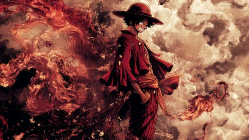 Anime pirate character stands amid swirling fire and smoke