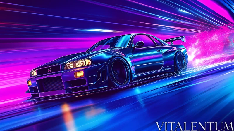 Neon blue sports car races through vibrant cyber tunnel