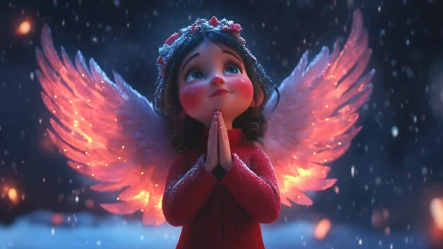 Luminous winged child rendered in soft-focus 3D under snowfall