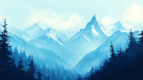 Snow-covered mountain range with conifer forest foreground.