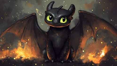 Cute black dragon over glowing embers in painterly firestorm.