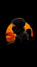 Solitary astronaut silhouette against burning orange sunset sphere