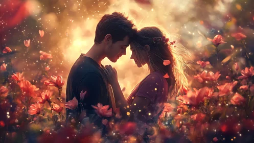 Couple in Golden Flower Field with Ethereal Light.
