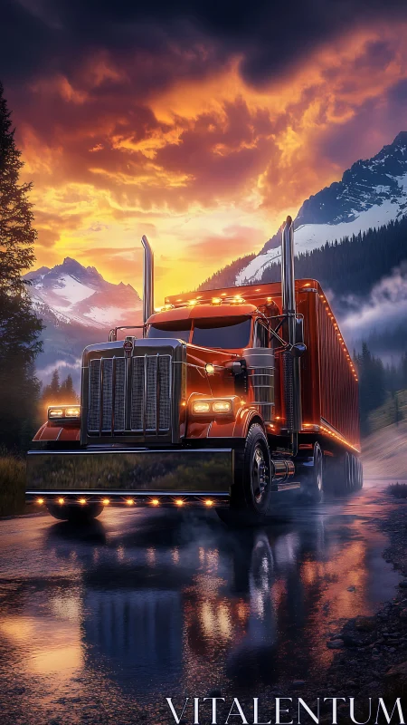 Chrome semi truck powers through wet mountain highway at dusk