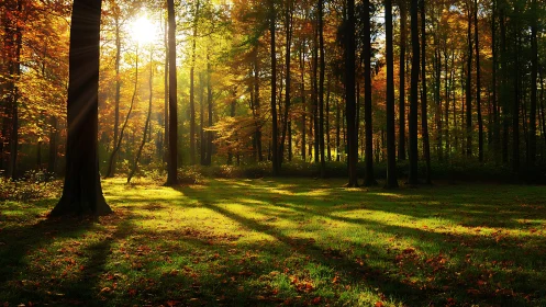 Sunlit Forest Clearing with Golden Autumn Light.