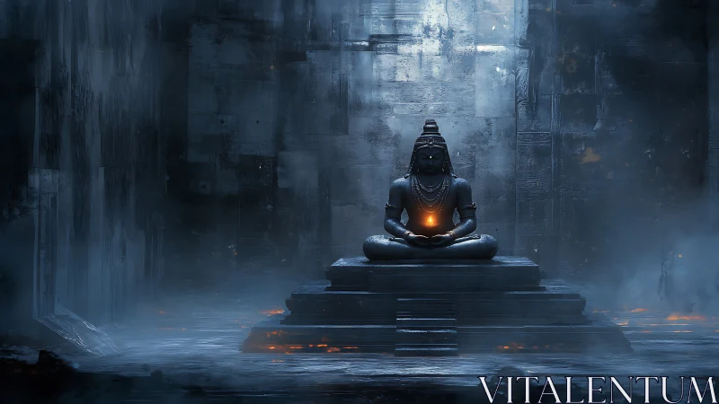 Monolithic stone deity in misted temple chamber with central ember