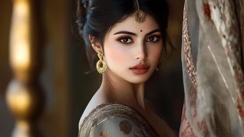 Velvet-eyed muse turns, jeweled gaze catching molten dusk