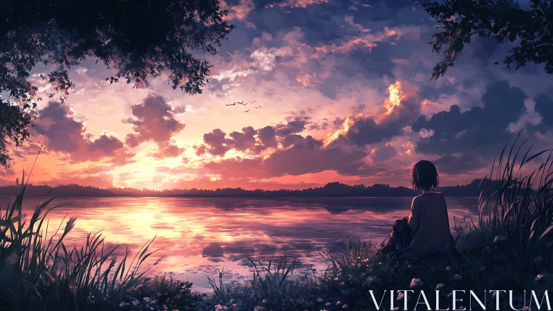 Solitary figure watching a glowing sunset across still water.