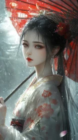Digital portrait shows woman under red umbrella in rainfall