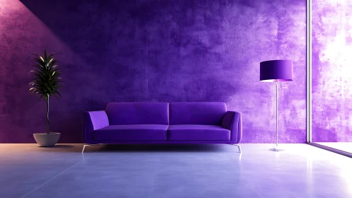 Minimal interior shows purple sofa, floor lamp and plant
