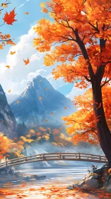 Mountain river landscape with bridge and autumn foliage.