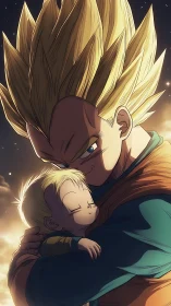 Starlit warrior cradles dreaming child in quiet cosmic hush