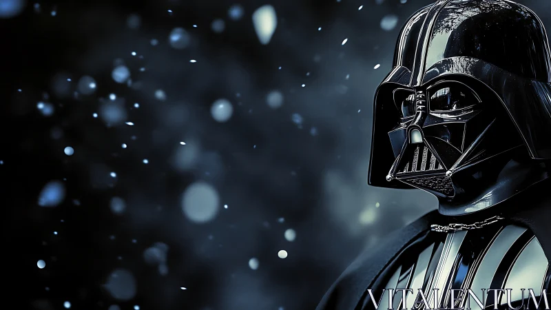 Dark armored figure in snowlit bokeh haze stands motionless.