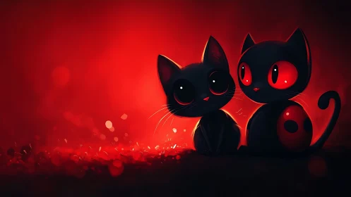 Neon-Lit Feline Silhouettes: Digital Illustration with Luminous Red Gradient.