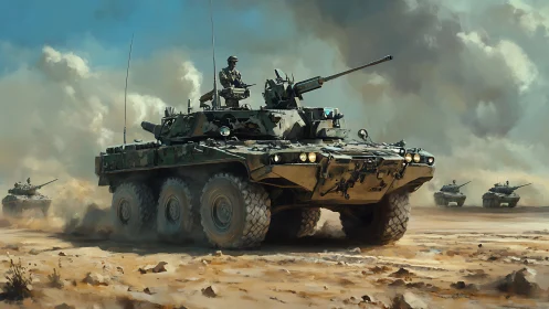 Armored scout vehicle charges through desert battlefront.