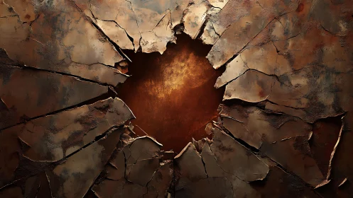 Cracked Rusty Metal Wall with Central Hole, Grunge Texture Art.