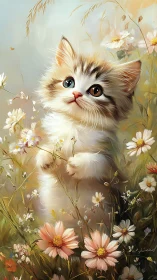 Domestic Kitten in Flowering Botanical Setting
