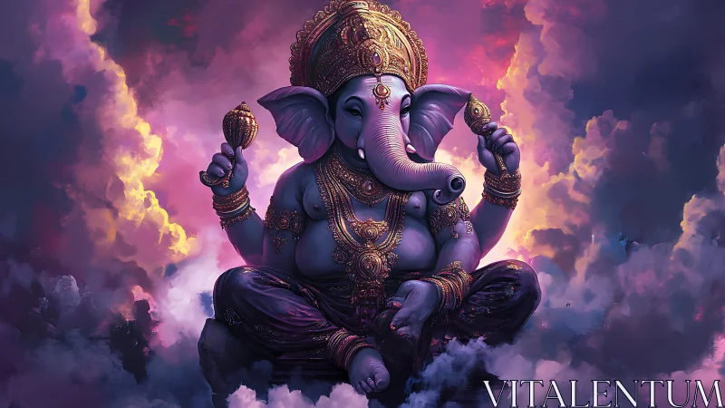 Divine elephant deity seated in radiant storm clouds.