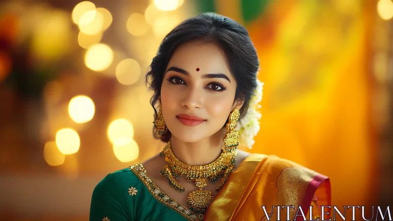 Golden saree glow around a serene, jewel-lit festival smile.