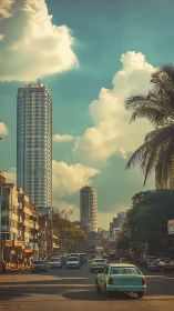 Tropical city avenue framed by towers and evening sky.