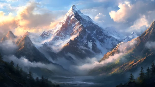 Snow-covered mountain range with clouds and distant valley.