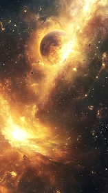 Solar inferno cradles a lone planet in molten stardust.