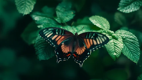 Butterfly with patterned wings resting on green foliage.