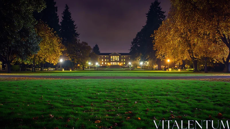 Illuminated campus building framed by autumn trees at night