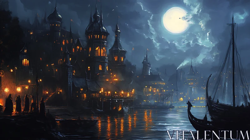 Medieval harbor city glows under vast moonlit storm sky