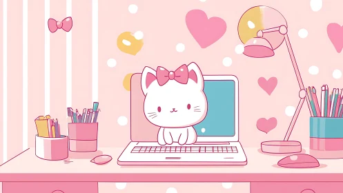 Pink-bowed kitty hosts a pastel-perfect digital workspace show