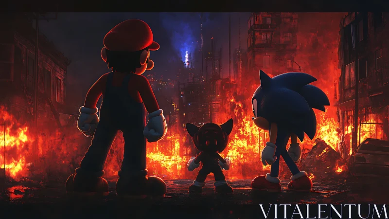 Iconic game characters observe burning urban ruins at night