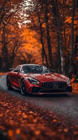Crimson sports car cruising through a glowing autumn forest.