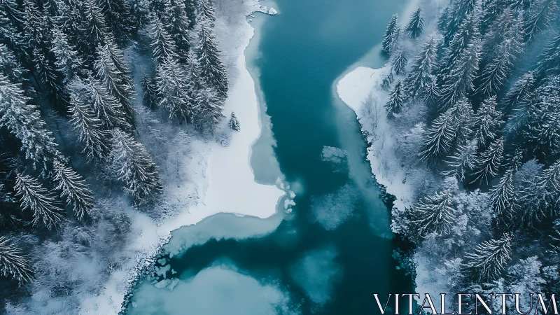 Snow-covered conifer forest borders partially frozen river