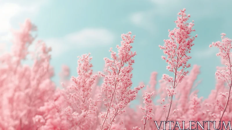 Dreamy Pink Flower Field Against Turquoise Sky.