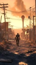 Armored wanderer crossing sunlit post-apocalyptic street.