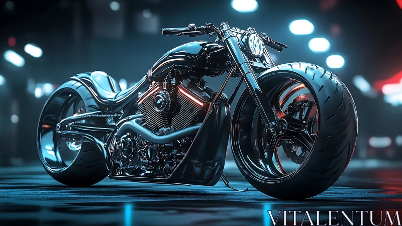 Cyberpunk low-slung chopper in neon nocturnal streetscape.