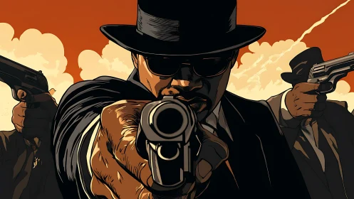 Triangular gunslinger standoff in stylized vector chiaroscuro.